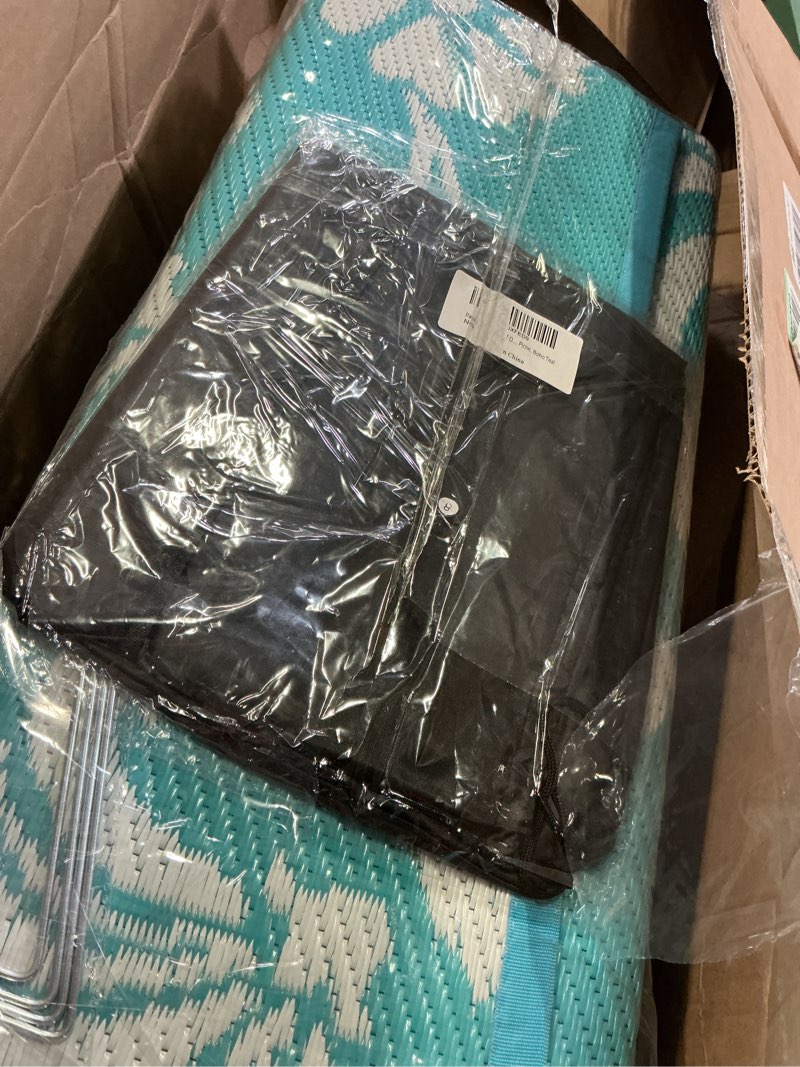 Condition photo showing Good Condition for pauwer waterproof outdoor rug 9x12, reversible plastic straw patio camping rug, indoor outdoor rv mat carpet for deck, camper, porch, balcony, backyard, picnic, boho teal 9' x 12' (rectangular) boho teal