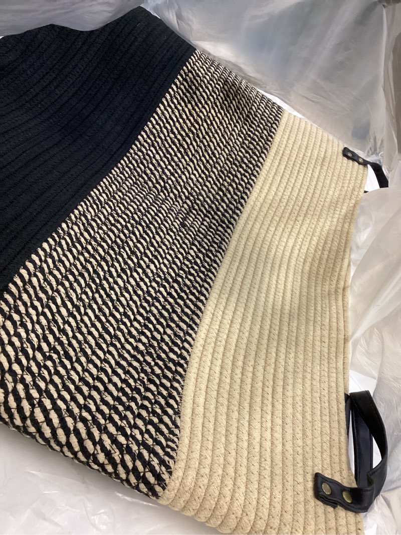 Condition photo showing Good Condition for vecelo large blanket basket (21.7"x13.8") round woven rope basket with handles, soft cotton basket storage for living room, laundry, nursery, pillows, baby toy chest (jute/black)