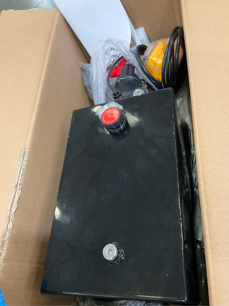 Condition photo showing As Is for 12v dc single acting hydraulic pump – 3.75 gallon (15 quart) steel hydraulic power unit for dump trailer, dump truck & industrial use mixizap