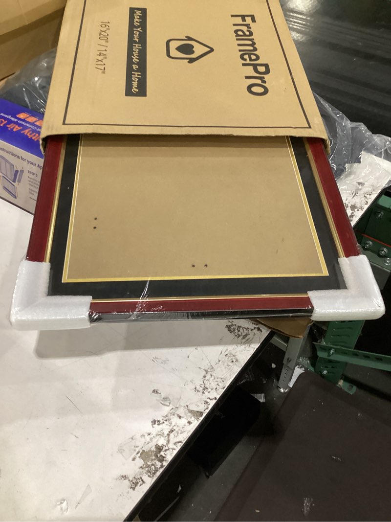 Condition photo showing As Is for framepro 16x20 certificate frame for 14x17 diploma with black over gold mat, real wood with tempered glass, mahogany with gold trim 14x17 with black over gold mat mahogany