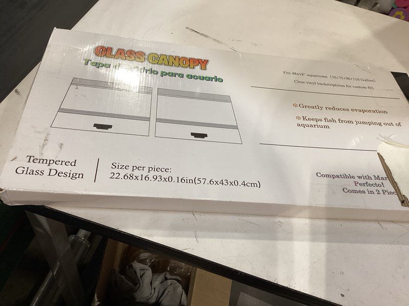 Condition photo showing As Is for 22.68×16.93×0.16 in 2 pcs aquarium lid glass canopy, clear tempered glass aquarium fish tank hoods, set for 70/75/90/110 gallon aquarium fish tank 2pcs-22.68 x 16.93 x 0.16in