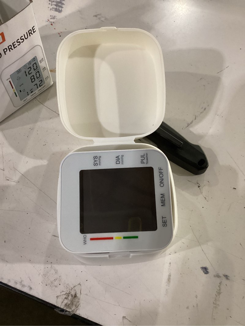 Condition photo showing New/Like New for mmizoo wrist blood pressure monitor large lcd display bp machine adjustable cuff 5.31-7.68 inch automatic 99x2 sets memory with carrying case for home use (w1681)