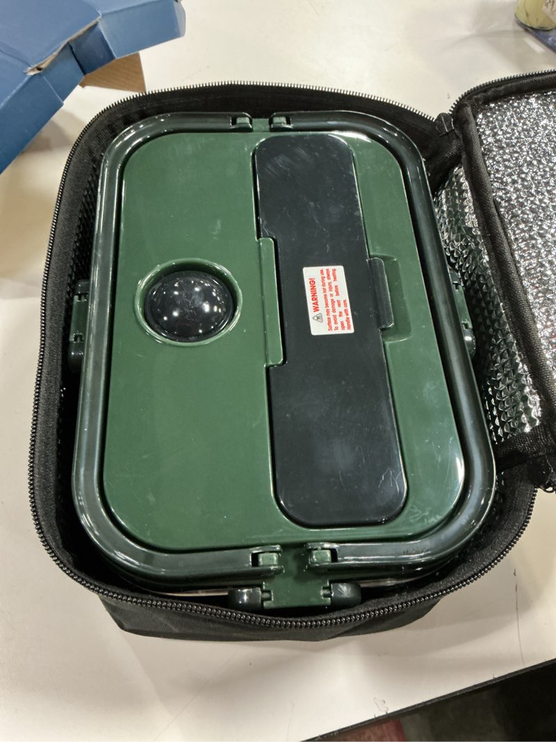 Condition photo showing As Is for TRAVELISIMO Extra-Large Electric Lunch Box For Adults Holds up to 8 Cups - 80W Heated Lunch Box 1.8L Electric Food Warmers for Travel & Work, Portable Food Warmer - Loncheras Para Hombres De Trabajo Dark Green