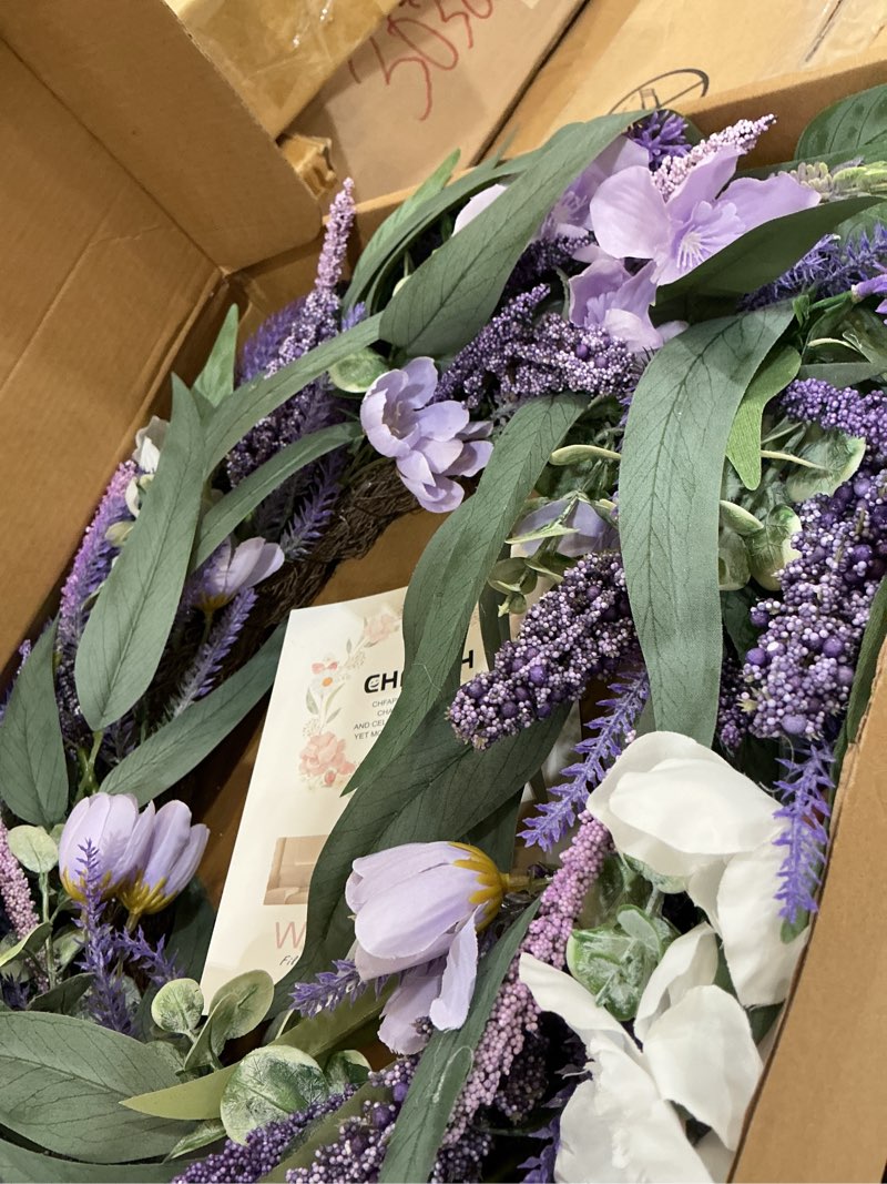 Condition photo showing As Is for sggvecsy lavender wreath for front door 22 inch - purple daisy spring summer artificial wild flower greenery leaves for all seasons - farmhouse home wall indoor outdoor window decor