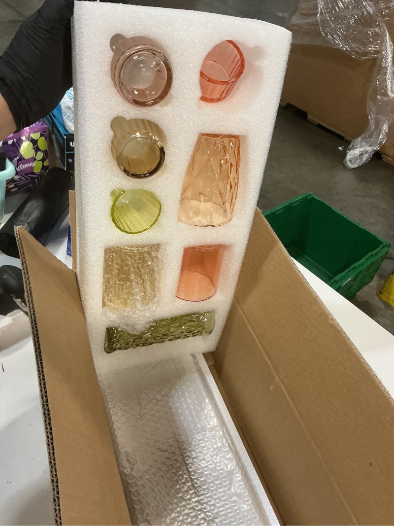 Condition photo showing Good Condition for votive candle holders set with wooden tray - 8 piece rustic colored glass candlestick & solid wood centerpiece decor for mantel, dining table, farmhouse wedding decor colored candlestick
