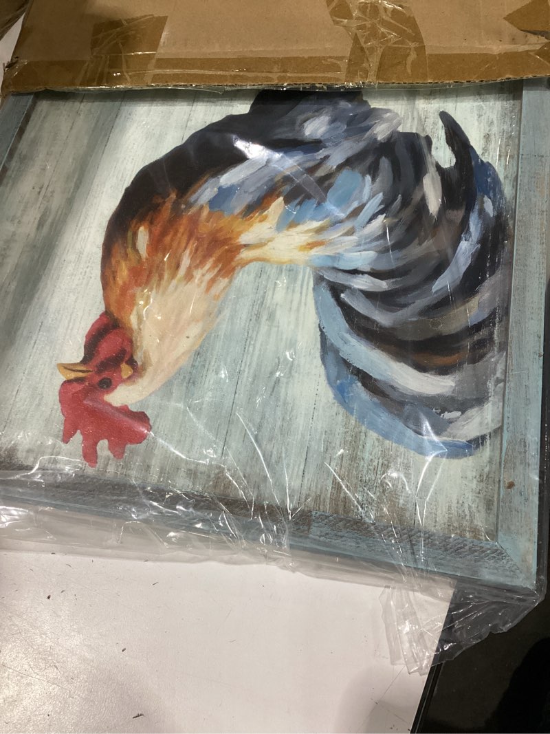 Condition photo showing Good Condition for rooster wooden wall art decor: farm cock picture country animal framed artwork rustic farmhouse chicken painting is the perfect combination of energy nature for the kitchen bedroom 12"x12" rooster wall painting 12"l x 12"w