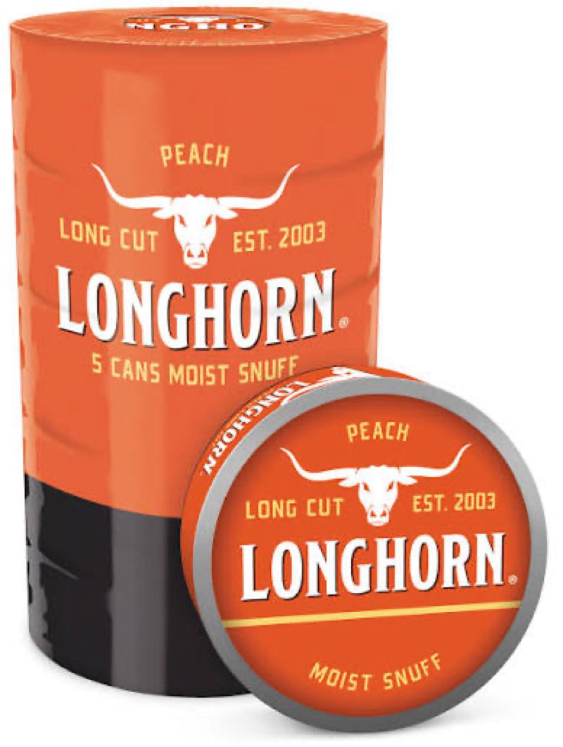 Longhorn 5 cans moist snuff peach Select tobaccos and the taste of fresh ripe peaches—perfectly combined with just the right amount of sweetness. Put Georgia on your mind and your tastebuds.