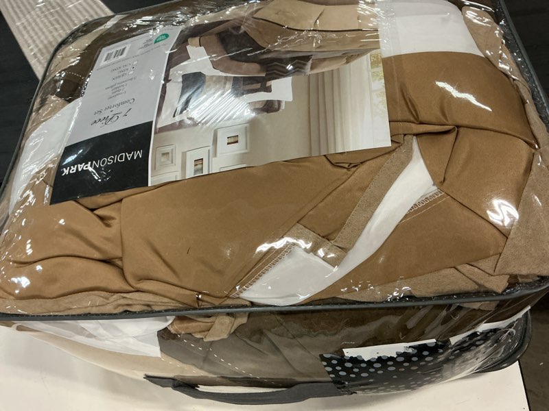 Condition photo showing New/Like New for madison park palisades comforter set modern faux suede pieced stripe design, all season down alternative cozy bedding with matching shams, decorative pillows, king(104"x92"), brown 7 piece king (104 in x 92 in) brown 7pcs