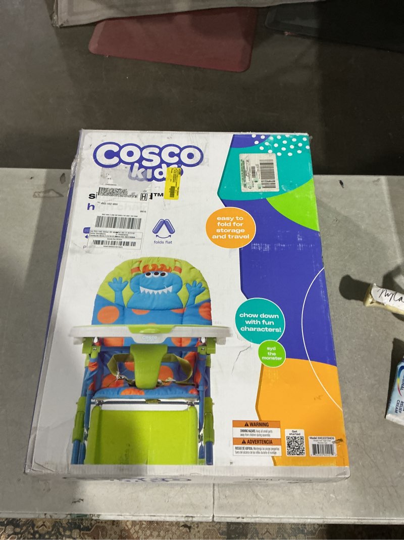 Condition photo showing New/Like New for cosco kids simple fold folding high chair for babies and toddlers (from 6 months to 50 lbs) simple fold deluxe with 3-position tray, portable high chair, monster syd monster syd high chair