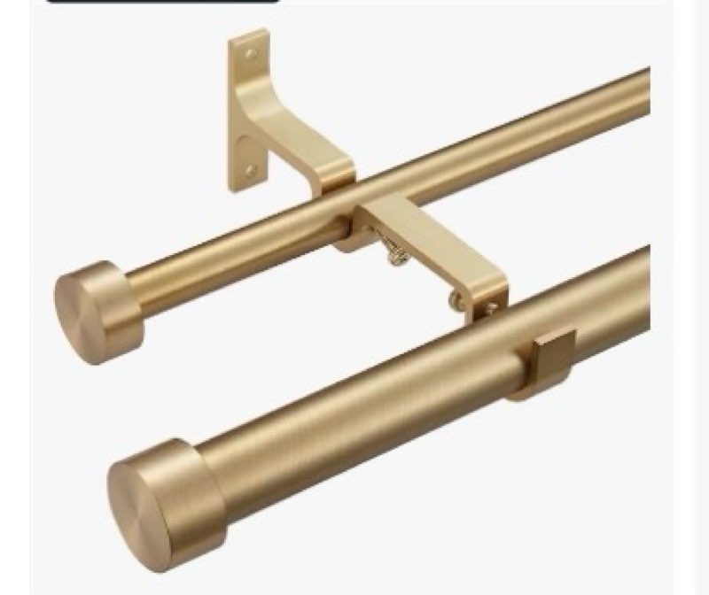 double curtain rods for windows 72-144 inches, 1'' front and 5/8''back double drapery rods with premium aluminum brackets and end cap finials, adjustable warm gold double window curtain rod 72-144" warm gold