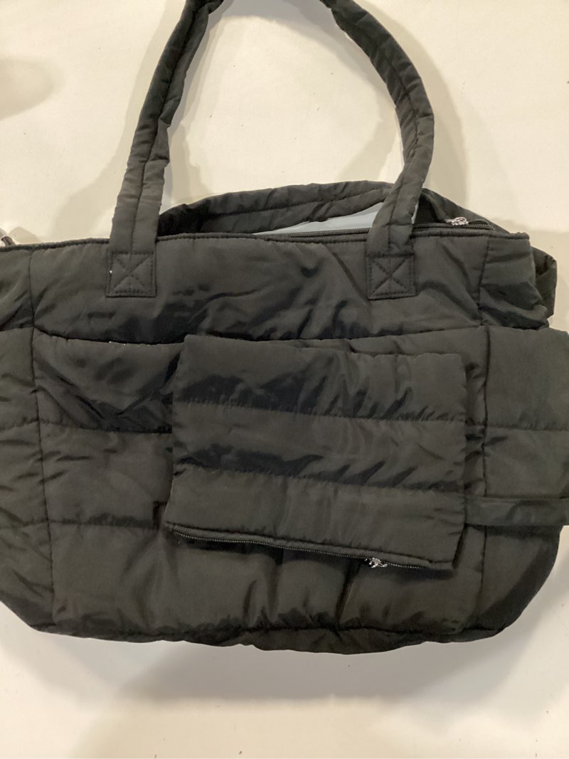 Condition photo showing As Is for topdesign puffer tote bag for women, lightweight puffy handbag with compartments, quilted shoulder bag for work, travel, gym black medium