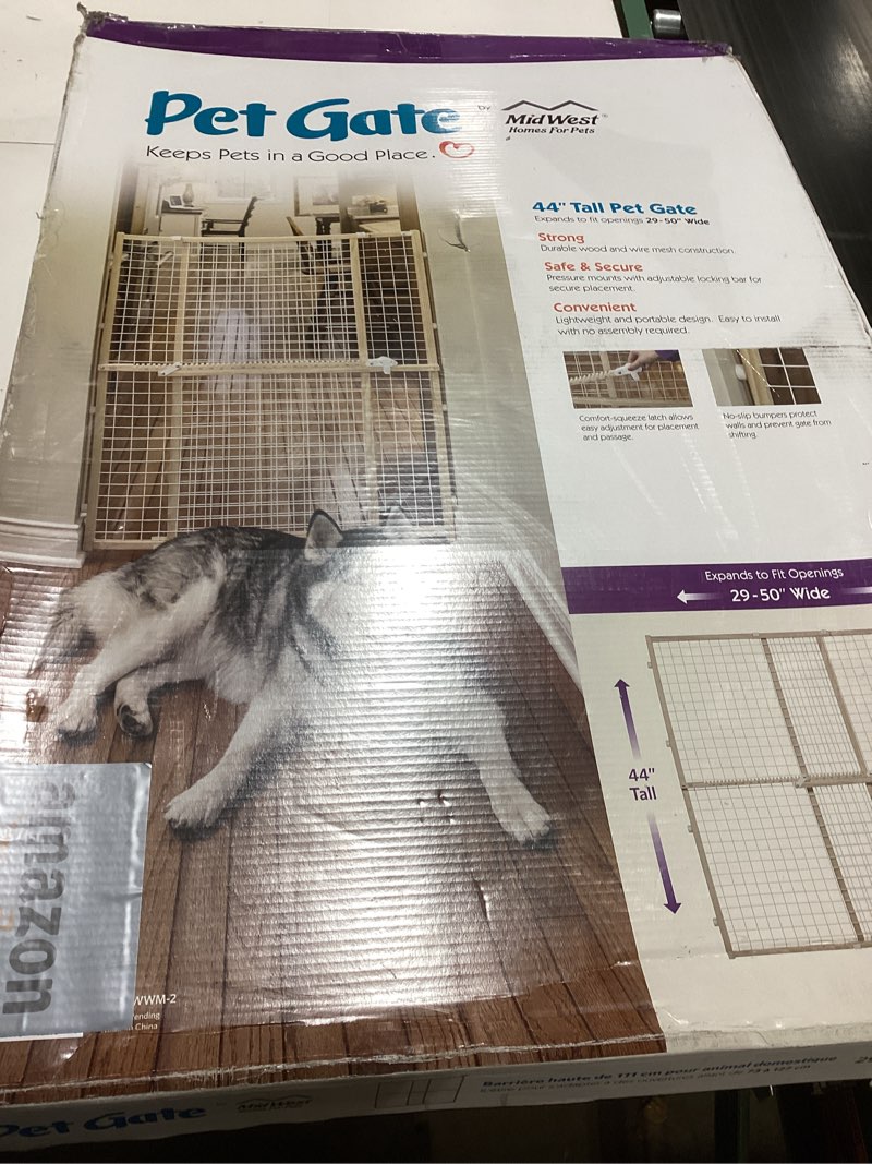 Condition photo showing As Is for MidWest Homes for Pets Wire Mesh Pet Safety Gate, Dog Gate Expands From 29 - 50 Inches Wide, 44 Inches Tall, Wood, Powder Coated Wire