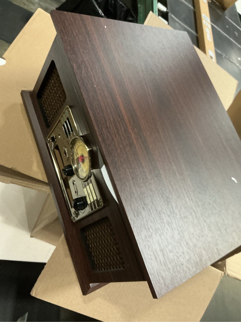 Condition photo showing As Is for victrola the quincy 6-in-1 bluetooth record player & multimedia center with built-in speakers – 3-speed turntable, cd & cassette player, am/fm radio, wireless music streaming (espresso) espresso record player