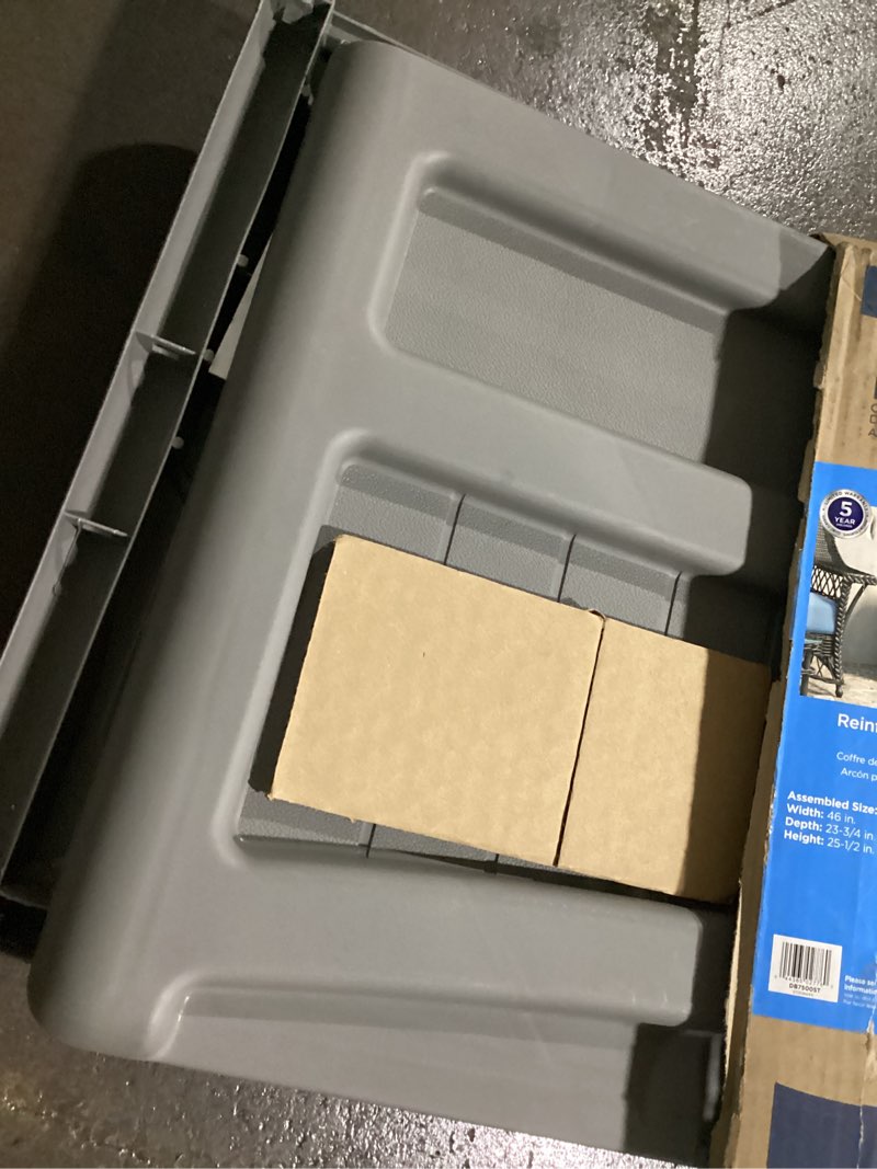 Condition photo showing Good Condition for possibly ed/incomplete parts suncast 73 gallon indoor/outdoor medium deck storage box, 46\"l x 23.62\"w x 25.5\"h, stoneys