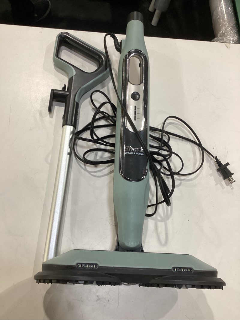 Condition photo showing As Is for **untested** shark steam & scrub steam mop, all-in-one scrubbing and sanitizing hard floor cleaner, led headlights, 4 dirt grip soft scrub pads included, xl water tank, swivel steering, hawaiian grey, s8001 steam & scrub (4-pad)