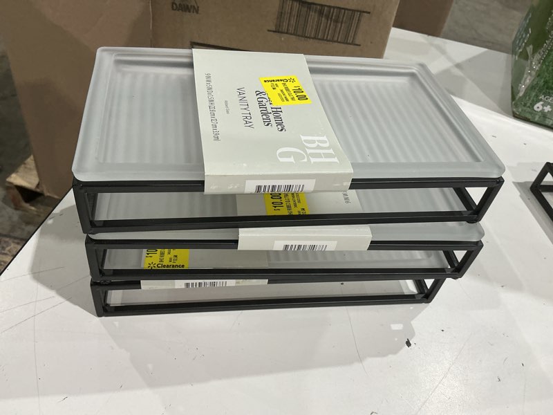 Condition photo showing Good Condition for bettér homes & gardens ribbed glass and metal tray white mith rlack accents copy select all s ribbed glass and metal tray brings a stylish and functional upgrade tor your bath