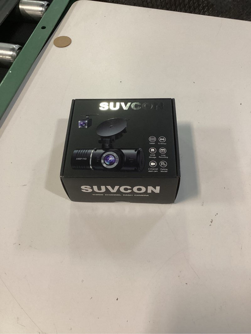 Condition photo showing New/Like New for dash cam front and rear, 1080p dash camera for cars, 3 channel car camera front rear and inside with 32gb card, loop recording, night vision, hdr, 24hr parking, g-sensor