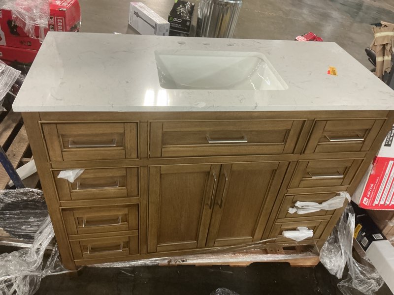 Condition photo showing As Is for (incomplete )allen + roth connery 48-in golden oak undermount single sink bathroom vanity