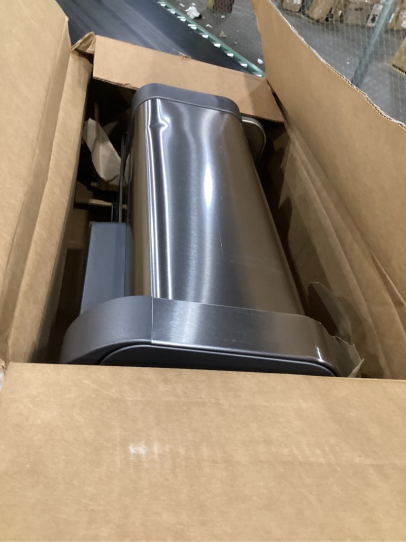 Condition photo showing As Is for simplehuman 45 liter / 12 gallon liter rectangular hands-free kitchen step trash can with soft-close lid, brushed stainless steel with plastic lid brushed stainless steel (with plastic lid) 45 liters
