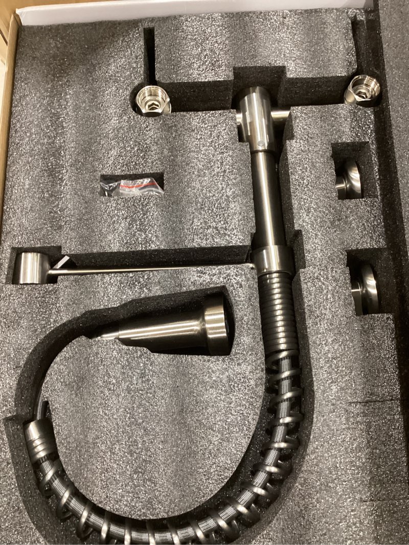 Condition photo showing Good Condition for Wall Mount Kitchen Faucet, 8 Inch Center Wall Mount Kitchen Sink Faucet with Pull Down Sprayer Commercial, Brushed Nickel Wall Mount Brushed Nickel