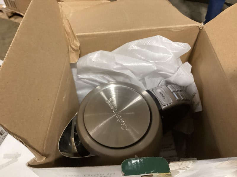 Condition photo showing As Is for cuisinart perfectemp 1.7-liter electric kettle, cordless electric tea kettle, 1500w for fast heat-up, 6 preset temperatures, 30-minute keep warm, stay cool nonslip handle, cpk-17p1 stainless steel perfectemp