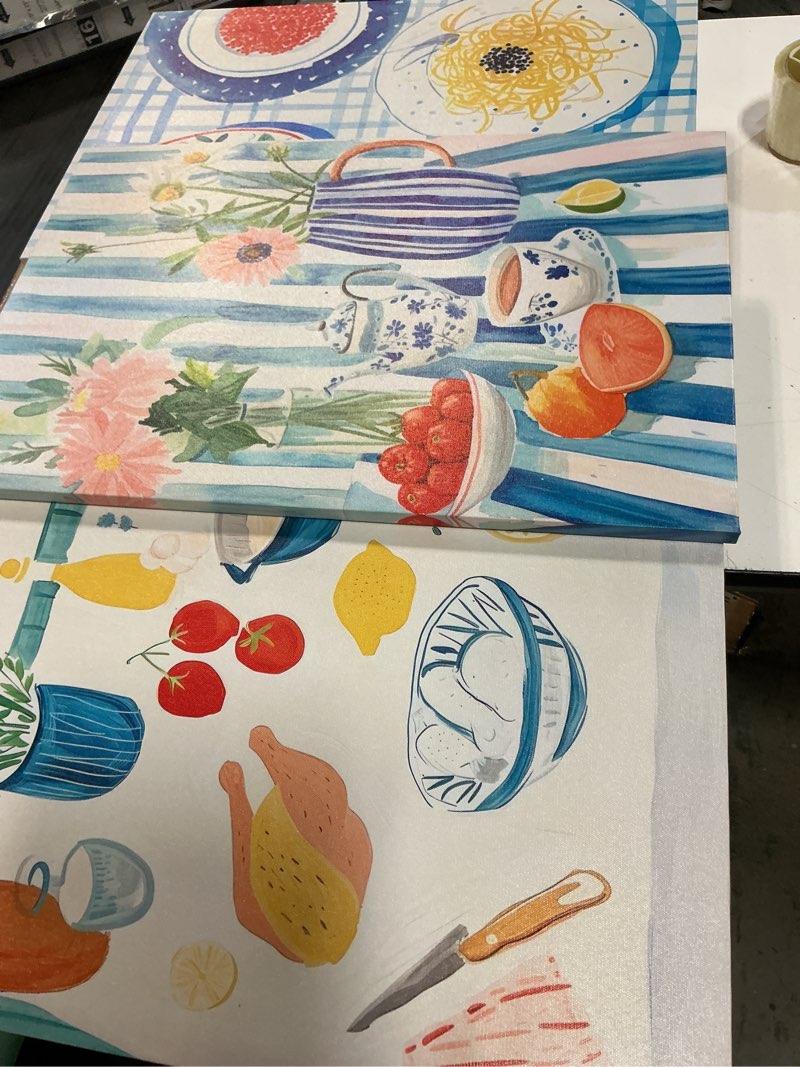 Condition photo showing Good Condition for 3pcs blue striped dining room food wall art funky kitchen wall decor pictures vintage kitchen plant posters prints pasta night painting for dining room kitchen home decoration 12x16in framed canvas 16l"x12w"