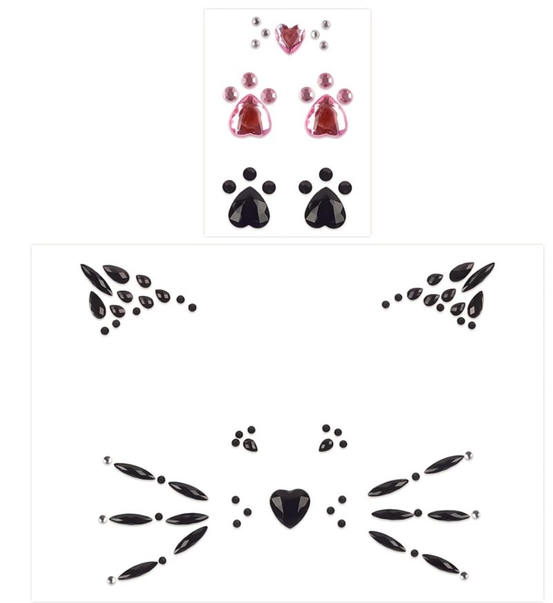Doneace Crystal Cat Face Jewels Pink Cat Print Gems Black Cat Eye Gems Sticker and Fake Cat Lash Gems Tattoo Stick on Face for Men Women Cat Halloween Makeup 03.Crystal Cat Face Jewels One size fits all