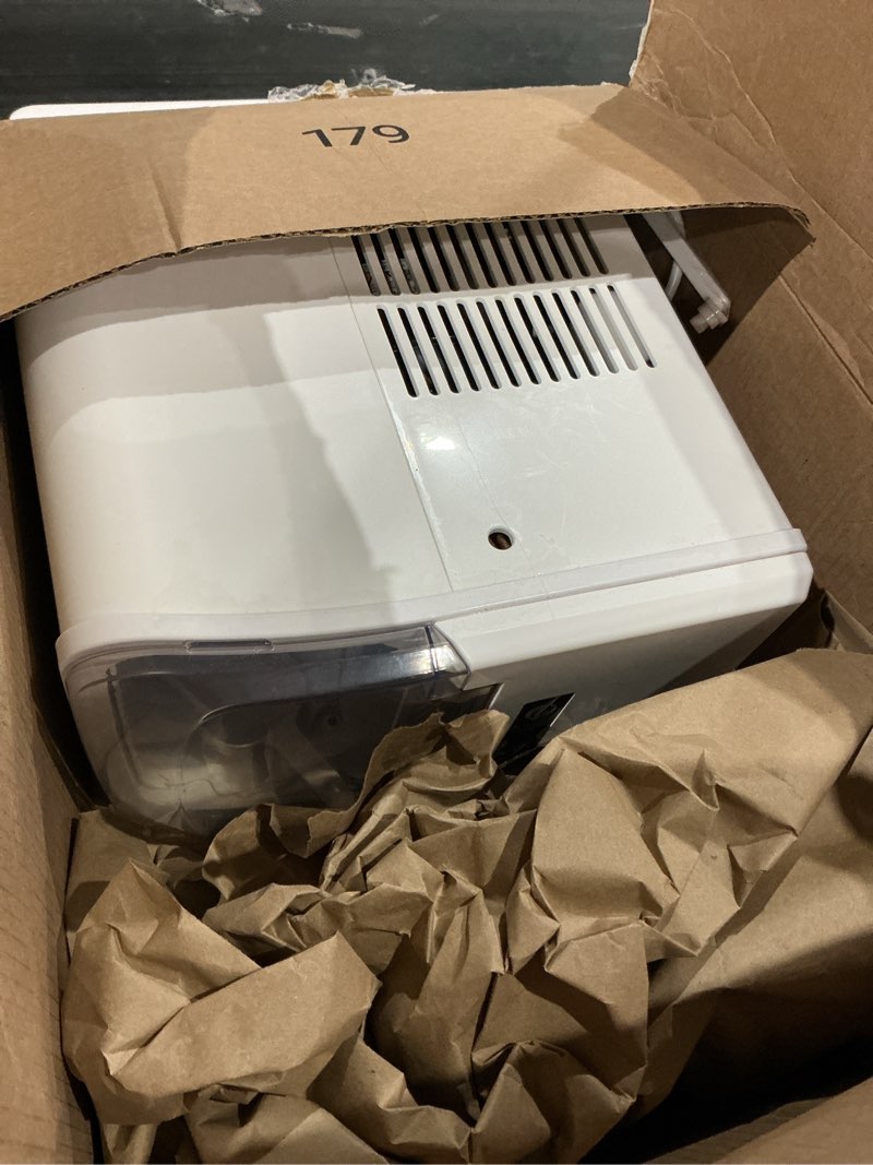 Condition photo showing As Is for dumos ice maker countertop, ice machine with portable handle, basket and scoop, 26lbs daily, 9 bullet cubes in 6~8 mins, auto-cleaning for home, kitchen, office, outdoors, rv camping white 11.1"l × 8.9"w × 11.8"h