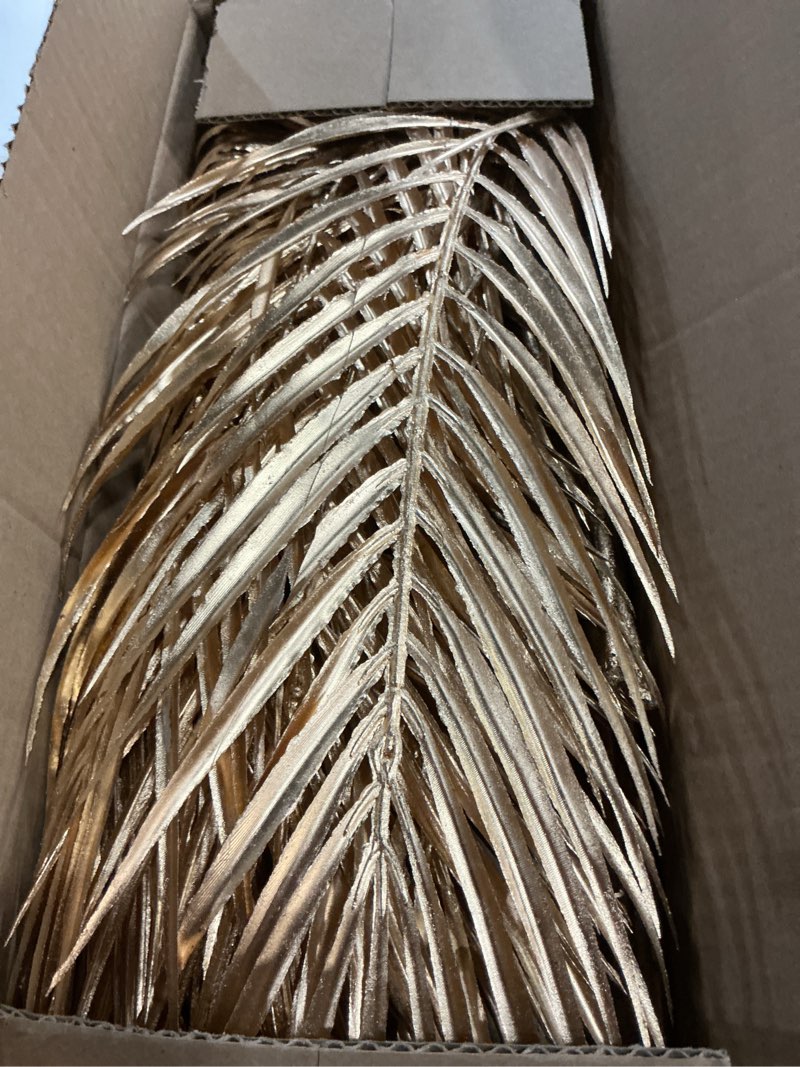 Condition photo showing New/Like New for 29” large gold palm leaves palm fronds tropical leaves areca palm branches artificial palm leaves with stem golden palm tree leaves faux palm leaves for floral arrangement fake gold leaves 12pcs gold#29"-12p