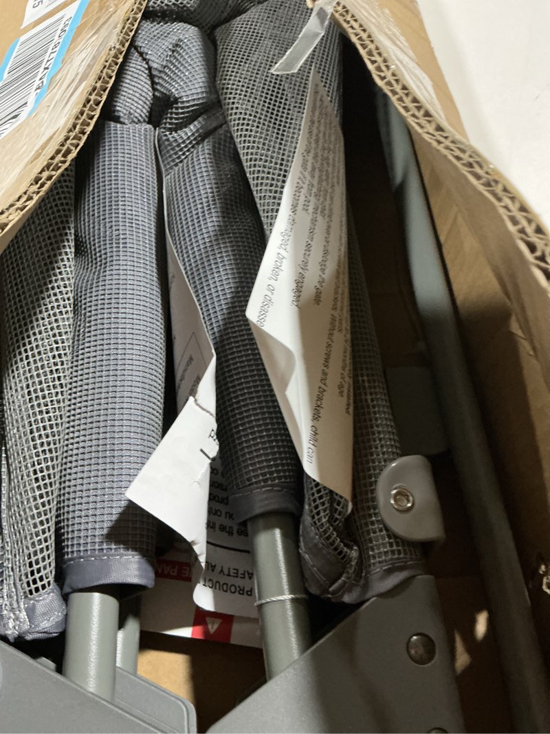 Condition photo showing As Is for No Bottom Bar Baby Gate for Stairs, 34-55” Safety Dog Gate with Large Walk Thru Door, Mesh Pet Gates for Doorways, Dual Openings Swinging Baby Gate Indoor/Outdoor, Gray