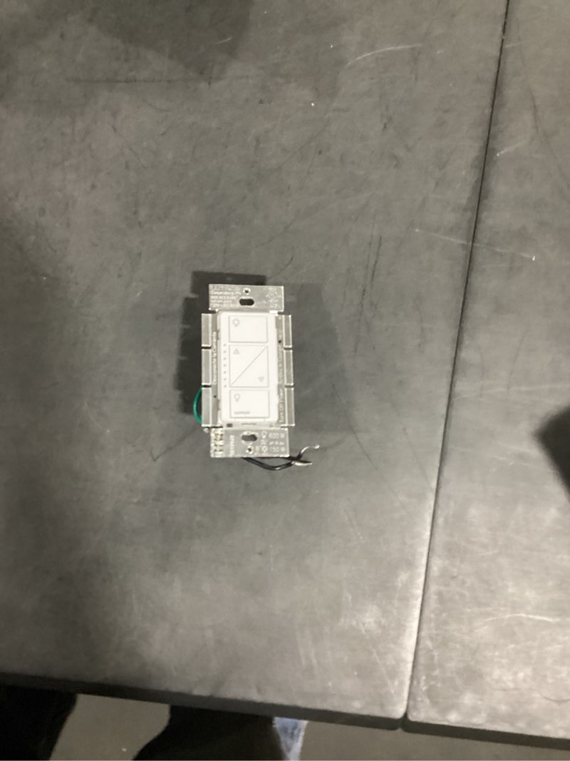 Condition photo showing As Is for lutron caseta 3 way smart dimmer light switch kit, includes pico remote, bracket, and led dimmer switch, no neutral required, p-pkg1wb-wh