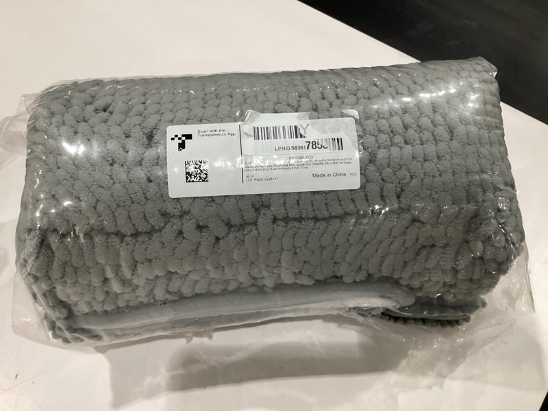 Condition photo showing New/Like New for olanly dog door mat for muddy paws 48x30, absorbs moisture and dirt, absorbent non-slip washable doormat, quick dry chenille mud mat for dogs, entry indoor entryway carpet for inside floor, grey grey solid 48" x 30"
