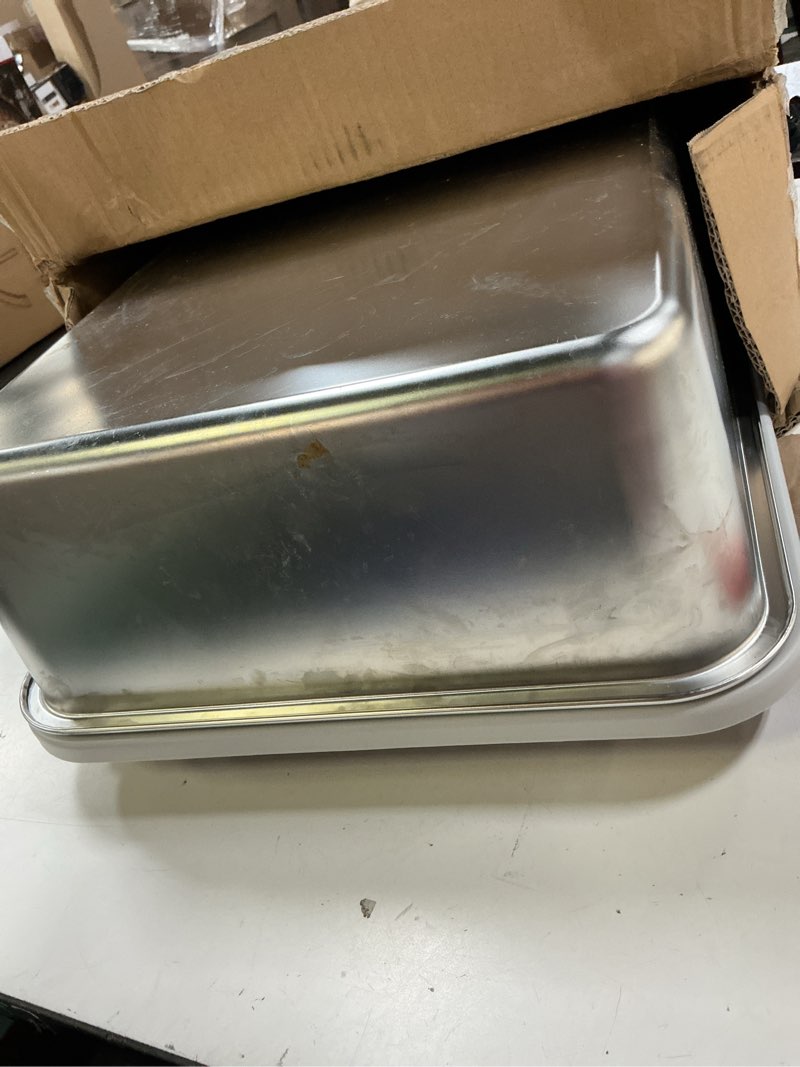 Condition photo showing As Is for feandrea cat litter box with lid, xl enclosed litter box with slide-out tray, scoop, brush, anti-tracking, for cats of different sizes, oatmeal and warm gray uppt002g01 21.3"l x 16.9"w x 15.7"h oatmeal + warm gray