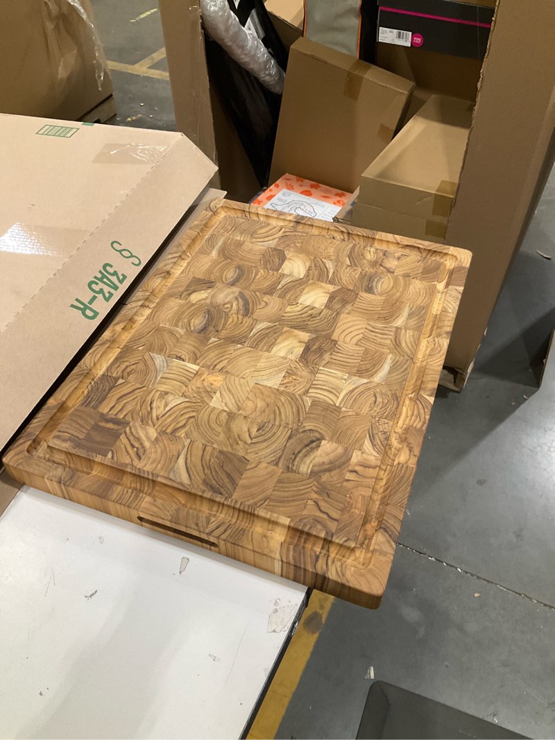 Condition photo showing Good Condition for yes4all durable teak cutting boards for kitchen, [24''lx18''wx1.5” thick] extra large end grain cutting board, pre oiled wood cutting boards, thick chopping board w/juice grooves and easy grip handle teak 24"l x 18"w