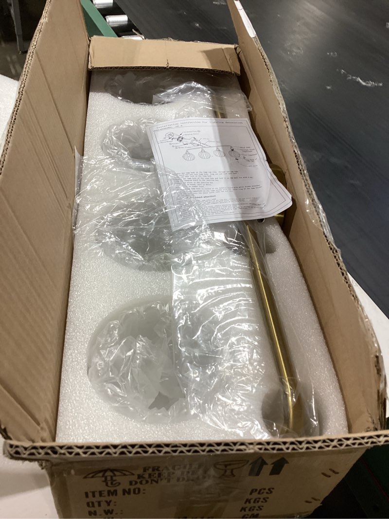 Condition photo showing As Is for brushed gold 4-light vanlity light over mirror,wall sconces,gold brass bathroom light fixture with milk white glass flower shade,e26(bulbs not included) 4-light gold brass+white