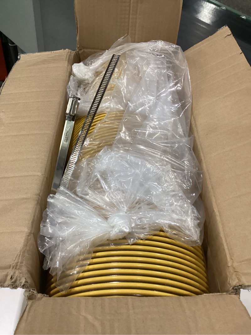 Condition photo showing New/Like New for 4 foot lawn vacuum hose, 8'' diameter lawn vac hose compatible with dr agri fab trac vac cyclone, leaf vac hose, fits most brands lawn leaf vac grass catcher bagger, with 2 clamps 8'' w x 4ft l