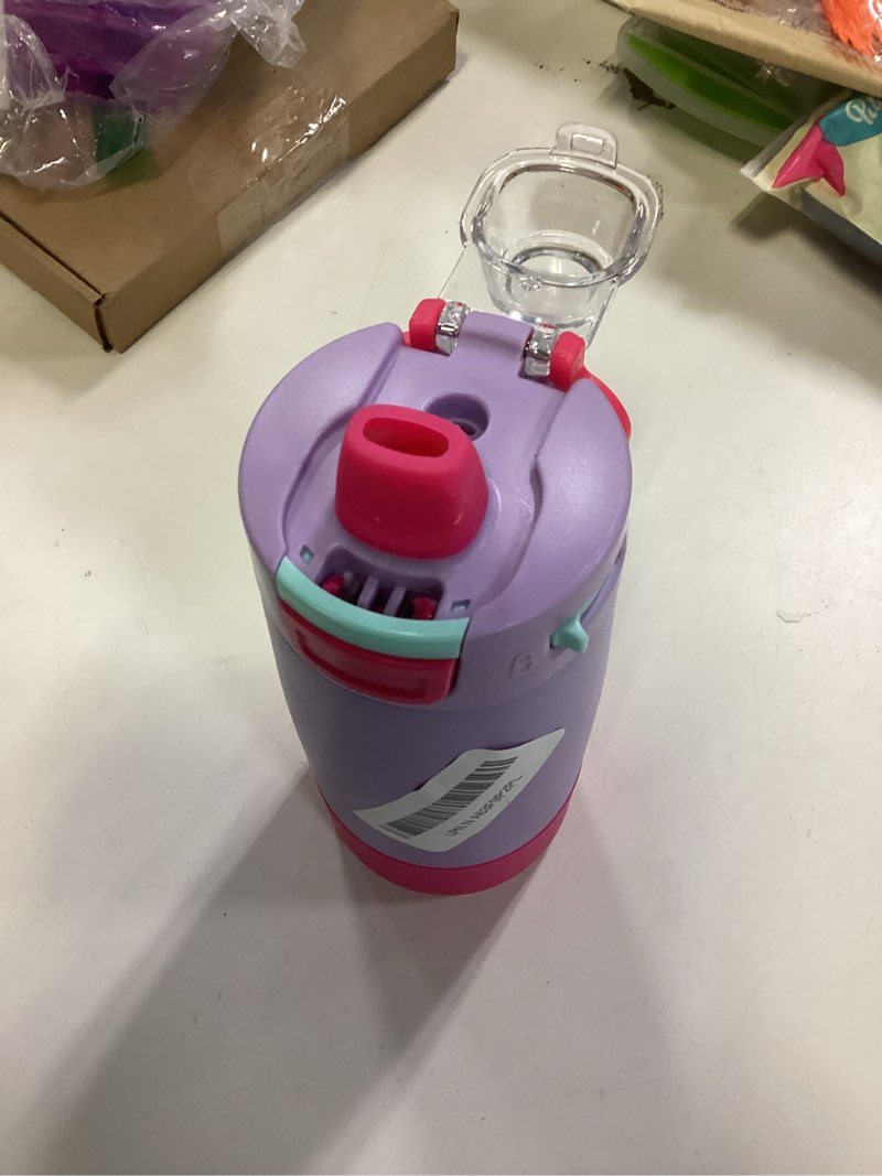 Condition photo showing As Is for Ello Kids Colby 12oz Stainless Steel Insulated Water Bottle with Straw and Built-In Silicone Coaster Carrying Handle and Leak-Proof Locking Lid for School Backpack, Lunchbox, and Outdoor Sports Lilac/Pink