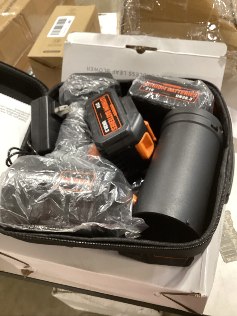 Condition photo showing As Is for 990,000 rpm cordless leaf blower - 21v electric handheld leaf blower with 2×4.0ah batteries & fast charger - lightweight for patio, lawn, yard, deck cleaning - sooty
