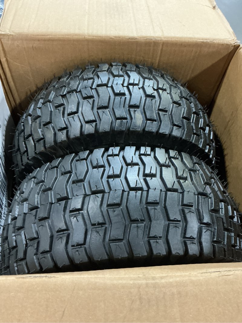 Condition photo showing New/Like New for 2pcs 15x6.00-6 tire and wheel assembly, 4 ply tubeless 15x6-6 front tire assembly replacement for craftsman john deere husqvarna riding mowers, 500lbs capacity, 3" centered hub, 3/4" bushing 15x6.00-6 (tubeless,centered hub) yellow