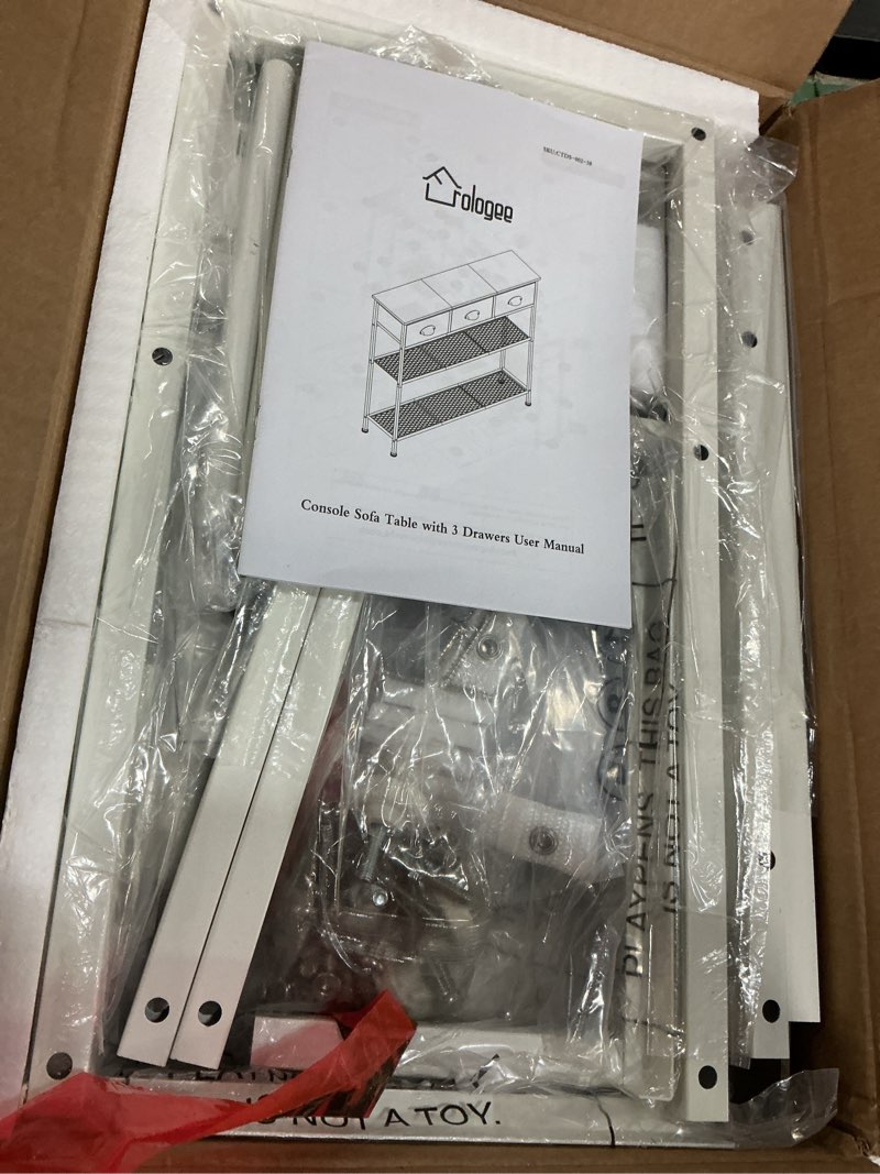 Condition photo showing Good Condition for Furologee White Entryway Table, 38'' Console Sofa Table with 3 Fabric Drawers, Industrial Entry Way Table with Storage Shelves, Display Shelf for Living Room, Hallway, Entrance, Foyer 38Inch No Outlet & Light White