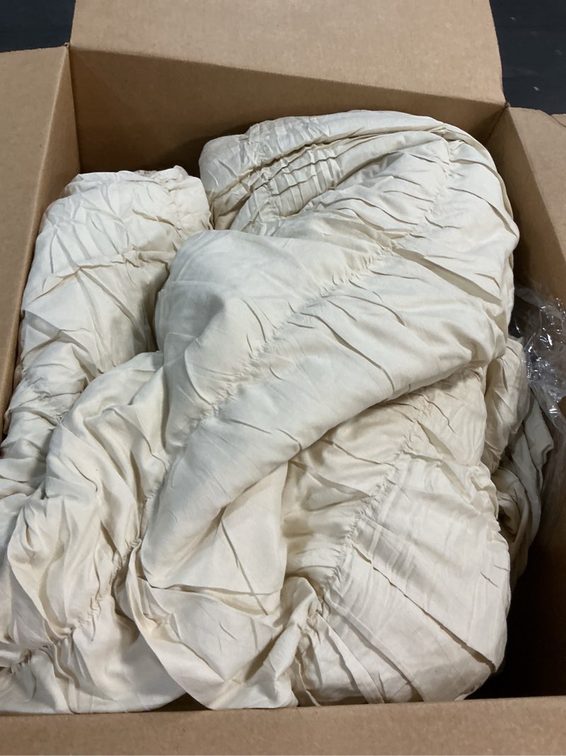 Condition photo showing Good Condition for Bonlino Queen Comforter Set - Ruched Comforter Queen Size Bed Set Boho Shabby Chic Bedding for Bedroom Comforter Fluffy 3 Piece Ruffle Comforter Set with Pillow White Bedding Soft Wheat Queen