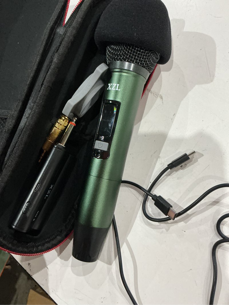Condition photo showing Good Condition for rechargeable wireless microphone, two metal uhf microphones with 1/4" receiver, plug-and-play for karaoke singsing, lecture, stage performance, pa system (green - one mic)