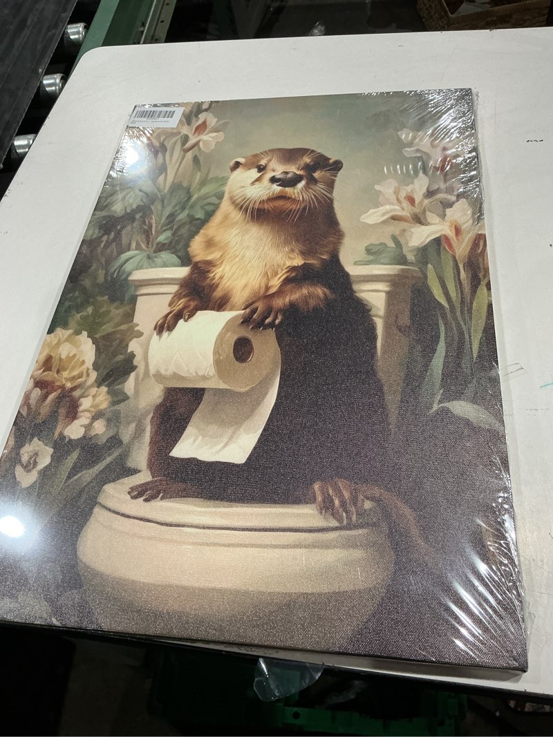 Condition photo showing New/Like New for funny otter bathroom canvas wall art decor, animal otter holding toilet paper roll canvas artwork print, vintage botanical floral otter art for bathroom toilet restroom washroom wall decor 16x24'' funny otter bathroom canvas 24"l x 16"w