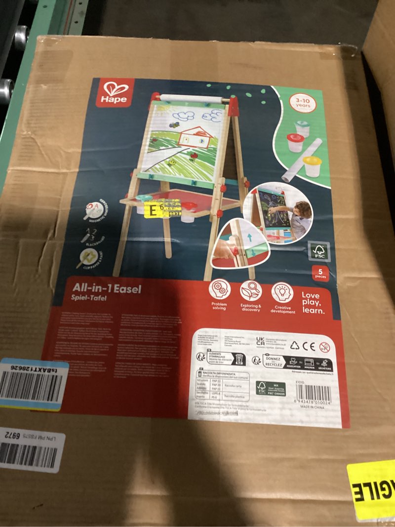 Condition photo showing Good Condition for hape e1010 magnetic all in 1 kids height adjustable drawing dry-erase chalkboard wooden artist easel with 3 paint pots and refillable paper roll