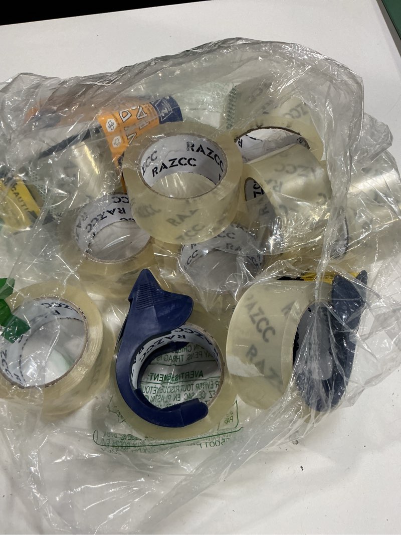 Condition photo showing As Is for clear packing tape, 18 rolls heavy duty packaging tape with dispensers for packing shipping moving and sealing, thicker packing tape-2" x 65 yards per roll, 1170 total yards 2"-18 rolls
