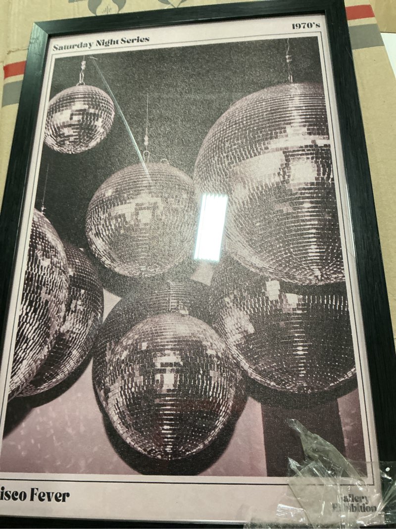 Condition photo showing Good Condition for Trendy Luxury Black And White Framed Wall Art 70s Disco Ball Newspaper Pictures For Preppy Girly Dorm Decor-Funky Fashion Feminist Canvas Prints Ready To Hang Room Bedroom 12"L x 8"W Disco