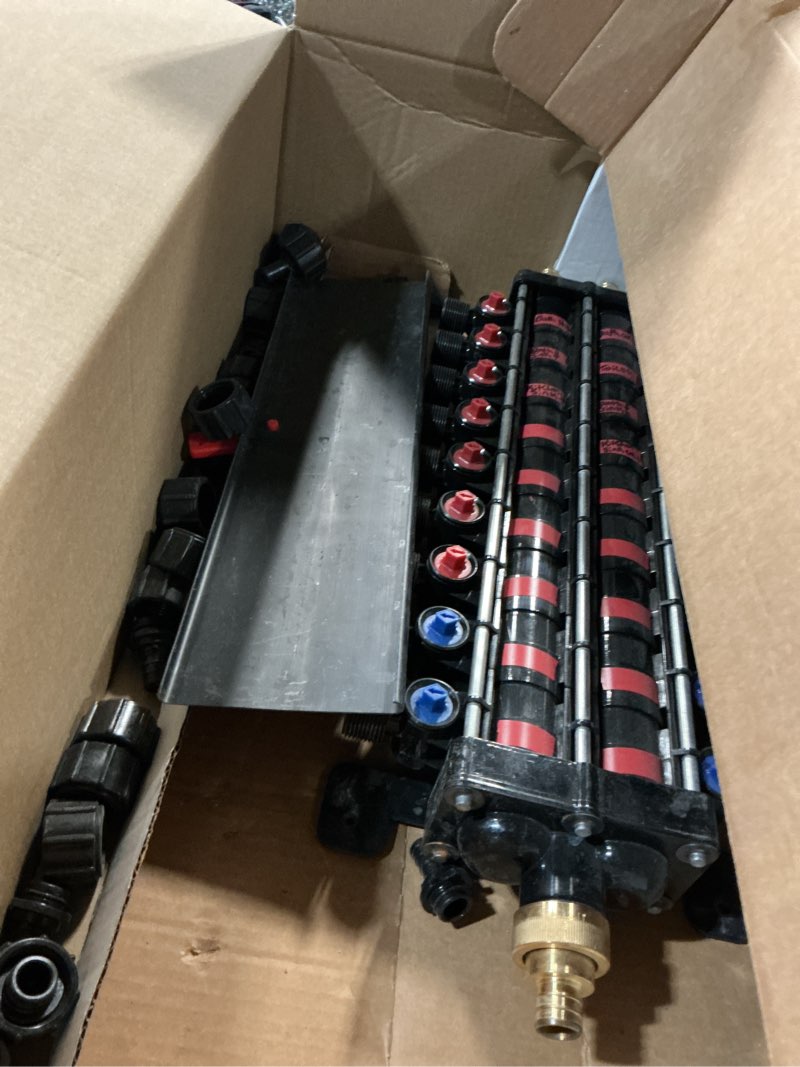 Condition photo showing As Is for 18-port pex manifold | compatible with viega manabloc | 10 cold 8 hot homerun water manifold | 3/4" inlet 1/2" zero lead alloy pex crimp | quiet flow & corrosion resistant design 18 ports - 10 cold 8 hot