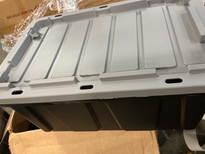Condition photo showing As Is for IRIS USA 4-Pack 27 Gallon Storage Bins with Lids |Made in USA| Heavy Duty Plastic Tote Containers for Truckbed Tool Box Organization, Large - Gray Gray 4 - Pack