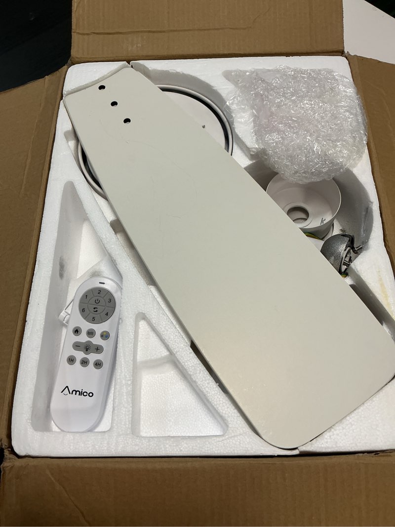 Condition photo showing As Is for Amico Ceiling Fans with Lights, 52 Inch Ceiling Fan with Light and Remote Control, White Fan, Reversible, 3CCT, Dimmable, Noiseless, Ceiling Fan for Bedroom, Indoor/Outdoor Use White 52 inch