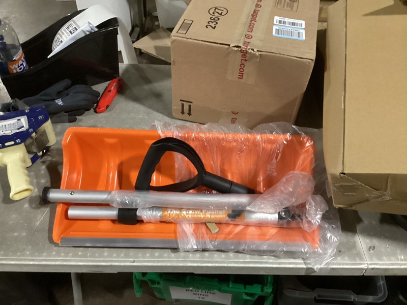 Condition photo showing As Is for Snow Pusher, 24-inch Wide Snow Shovel for Driveway, Snow Removal Tool for Car Garage, Sidewalks and Doorways, Snow Pusher Shovel with Ergonomic Grip and Aluminum Strip, Orange